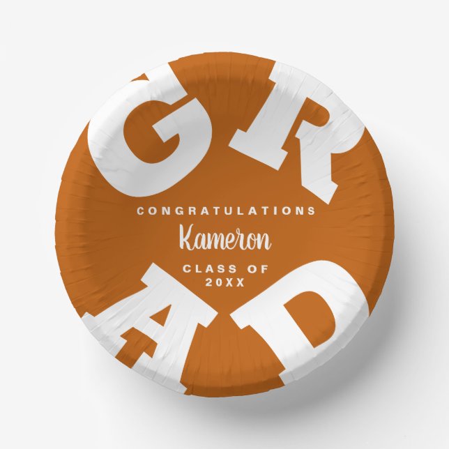 Burnt Orange and White Bold Graduation Paper Plate (Front)