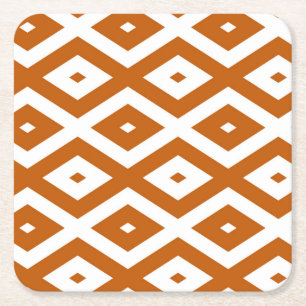 Burnt orange and white diamond pattern square paper coaster