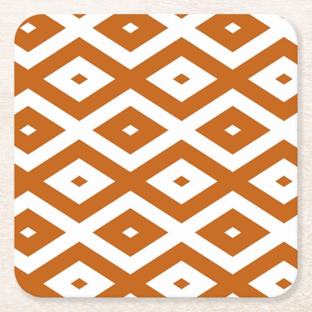 Burnt orange and white diamond pattern square paper coaster (Front)