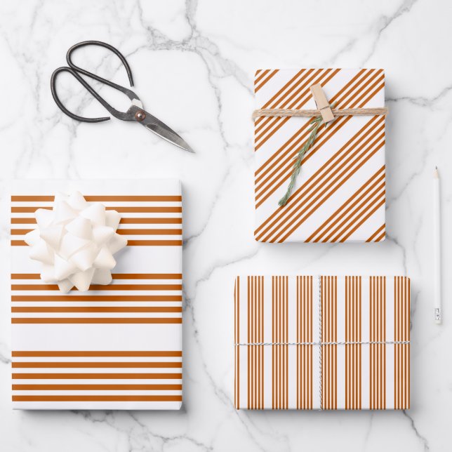 Burnt orange and white five stripe pattern wrapping paper sheet (Front)
