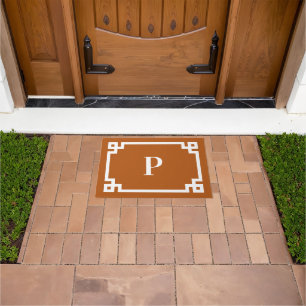 Burnt Orange and White Greek Key Border Monogram Doormat