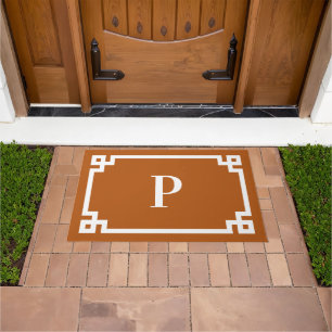 Burnt Orange and White Greek Key Frame Monogram Doormat
