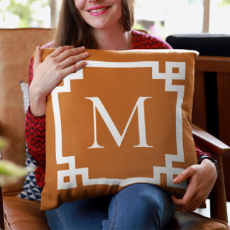 Burnt Orange and White Monogram Greek Key Border Cushion