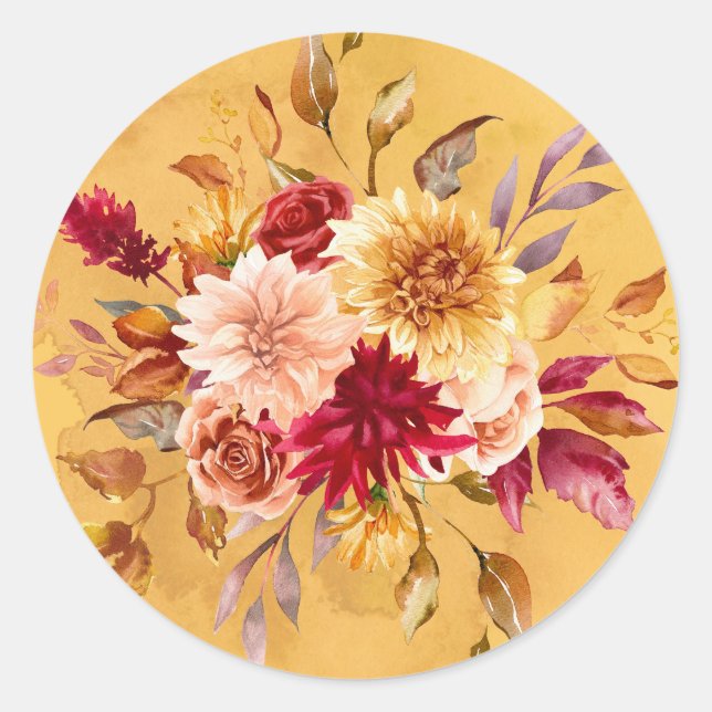 Burnt Orange and Yellow Dahlia Flowers Wedding Classic Round Sticker (Front)