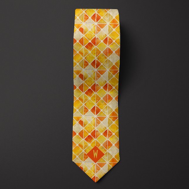 Burnt Orange and Yellow Geometric Monogram Tie (Creator Uploaded)