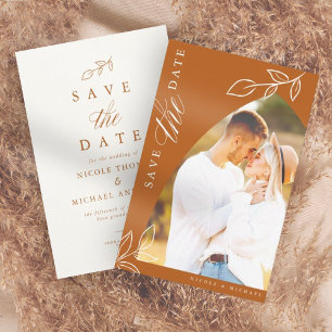 Burnt Orange Arch Boho Minimal Leaf Photo Save The Date