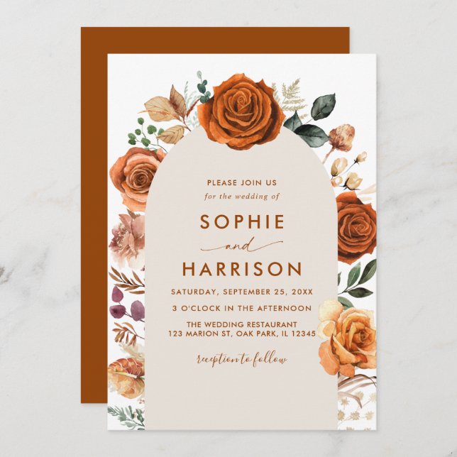Burnt Orange Arch Terracotta Floral Rust Wedding Invitation (Front/Back)