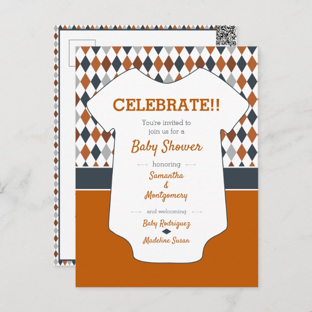 Burnt Orange Argyle Pattern Baby Shower Postcard (Front/Back)
