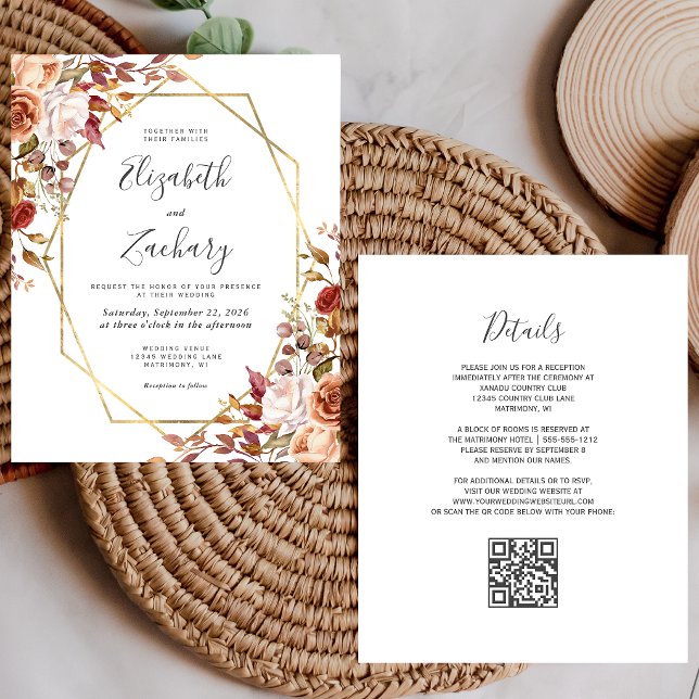 Burnt Orange Autumn Floral QR Code Wedding Invite (Creator Uploaded)