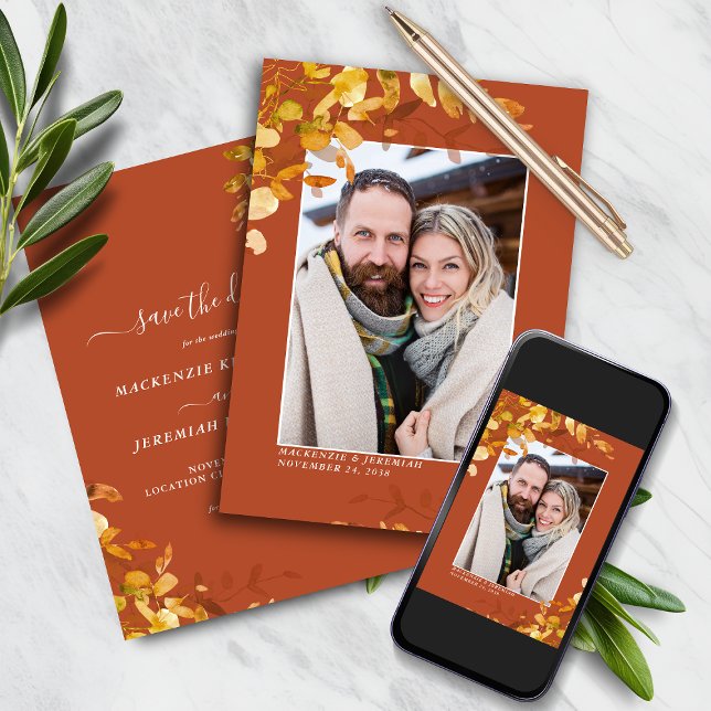 Burnt Orange Autumn Wedding Photo Save the Date (Burnt Orange Autumn Wedding Photo Save the Date Card)