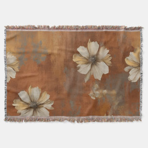 Burnt Orange Beige Grey Farmhouse Floral Throw Blanket