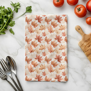 Burnt Orange Beige Watercolor Fall Leaves Pattern Tea Towel