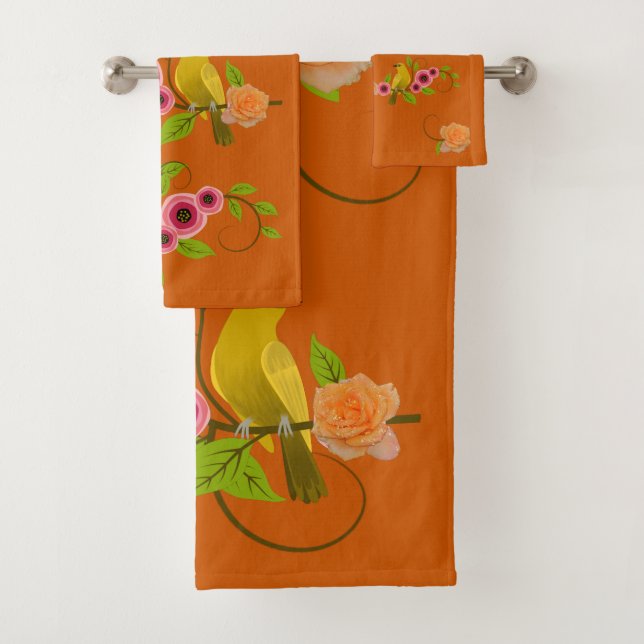 Burnt Orange - Bird & Yellow Rose Bath Towel Set (Insitu)