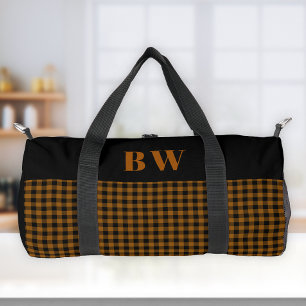 Burnt Orange Black Buffalo Check Bold Monogram Duffle Bag