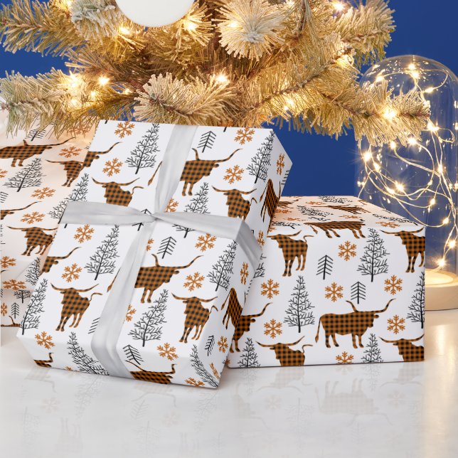 Burnt Orange Black Buffalo Plaid Longhorn Pattern Wrapping Paper (Holidays)