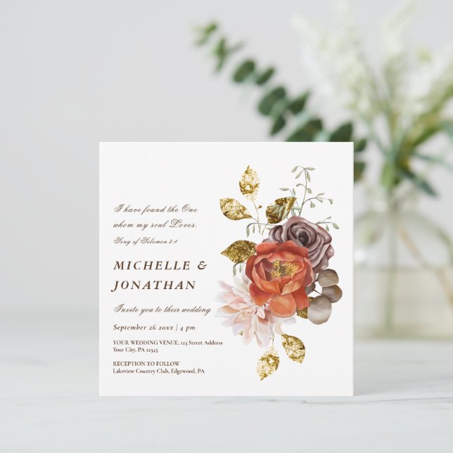 Burnt Orange Blush Gold Floral Christian Wedding Invitation (Standing Front)