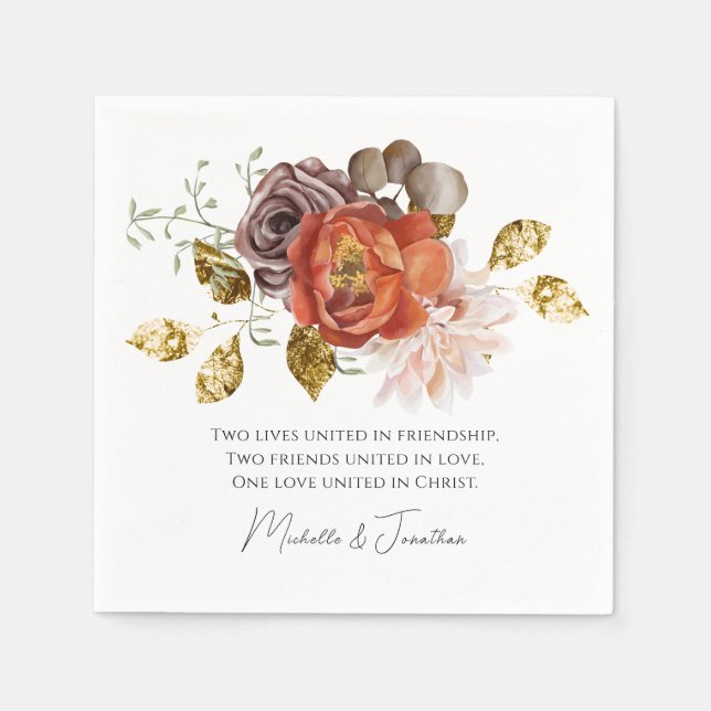 Burnt Orange Blush Gold Floral Christian Wedding Napkin (Front)