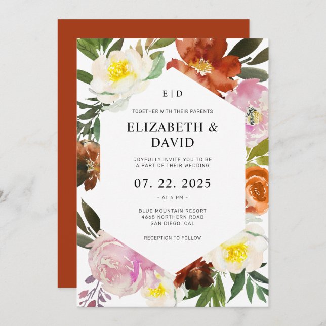 Burnt Orange, Blush Pink and White Floral Wedding Invitation (Front/Back)