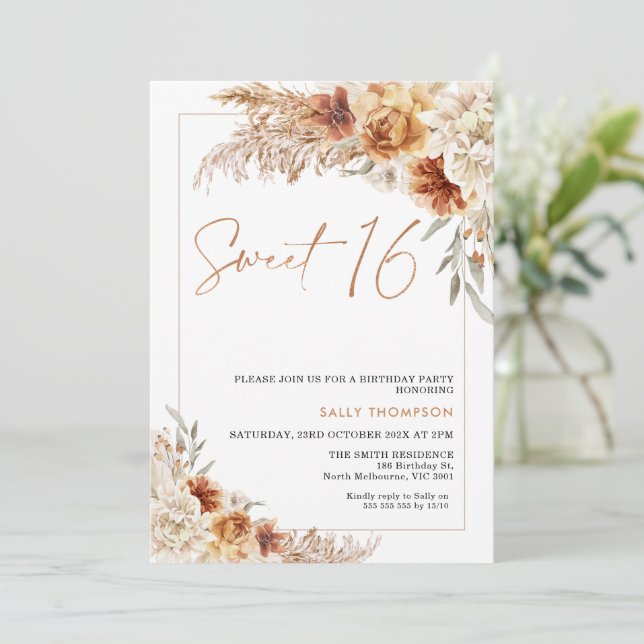 Burnt Orange Boho Pampas Grass 16th Birthday Invitation (Standing Front)