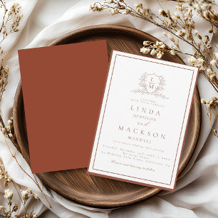 Burnt Orange botanical crest monogram wedding Invitation