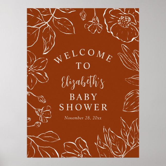 Burnt Orange Botanical Floral Baby Shower Welcome Poster (Front)