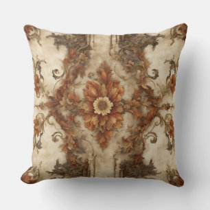 Burnt Orange Brown Cream Rust Baroque Floral Cushion