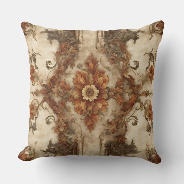 Burnt Orange Brown Cream Rust Baroque Floral Cushion (Front)