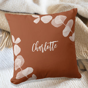 Burnt orange brown earth eucalyptus name script cushion
