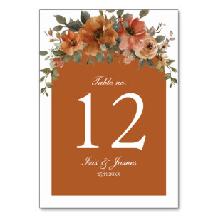 Burnt Orange Brown Floral Wedding Bridal Shower Table Number