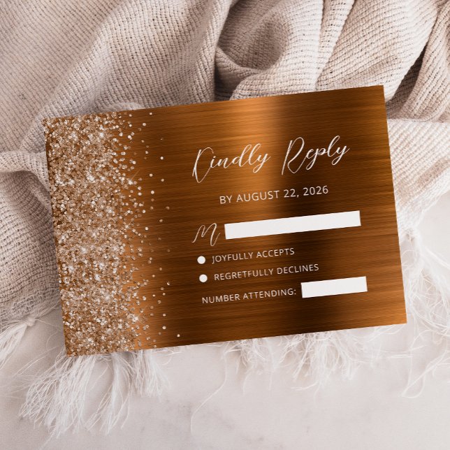 Burnt Orange Brushed Metal Glitter Script Wedding RSVP Card (Creator Uploaded)
