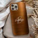 Burnt Orange Brushed Metal Script Monogram  iPhone 15 Case<br><div class="desc">This elegant personalised phone case features a monogram and first name in modern beige and white script on a trendy burnt orange brushed metal background.</div>