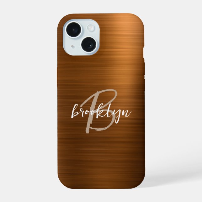 Burnt Orange Brushed Metal Script Monogram  iPhone 15 Case (Back)