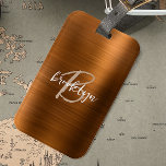 Burnt Orange Brushed Metal Script Monogram  Luggage Tag<br><div class="desc">This elegant personalised luggage tag feature a monogram and first name in modern beige and white script on a trendy burnt orange faux brushed metal background.</div>