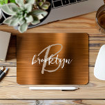 Burnt Orange Brushed Metal Script Monogram  Mouse Pad<br><div class="desc">This elegant personalised mouse pad features a monogram and first name in modern beige and white script on a trendy burnt orange brushed metal background.</div>