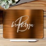 Burnt Orange Brushed Metal Script Monogram  Mouse Pad<br><div class="desc">This elegant personalised mouse pad features a monogram and first name in modern beige and white script on a trendy burnt orange brushed metal background.</div>