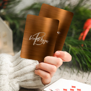 Burnt Orange Brushed Metal Script Monogram Playing Cards