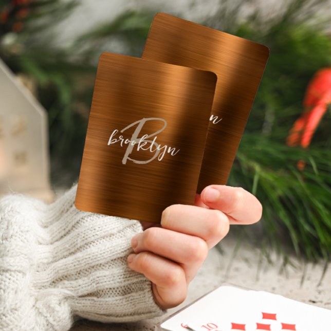 Burnt Orange Brushed Metal Script Monogram  Playing Cards (Creator Uploaded)