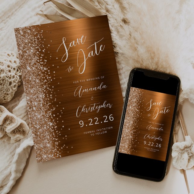 Burnt Orange Brushed Metal Script Save the Date Announcement (Creator Uploaded)