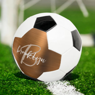 Burnt Orange Brushed Metal Tan Script Monogram  Soccer Ball