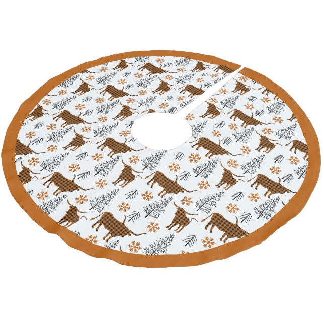 Burnt Orange Buffalo Plaid Longhorn Pattern Brushed Polyester Tree Skirt (Angled)