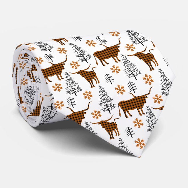 Burnt Orange Buffalo Plaid Longhorn Pattern Tie (Rolled)