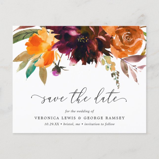 Burnt Orange Burgundy Budget Wedding Save the Date (Front)