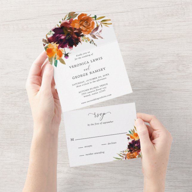 Burnt Orange Burgundy Fall Floral Elegant Wedding All In One Invitation (Tearaway)