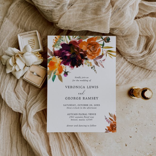 Burnt Orange Burgundy Fall Floral Elegant Wedding Invitation (Creator Uploaded)