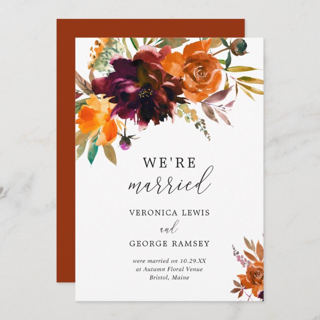 Burnt Orange Burgundy Fall Floral Rustic Wedding Announcement (Front/Back)