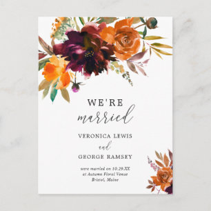Burnt Orange Burgundy Fall Floral Rustic Wedding Announcement Postcard
