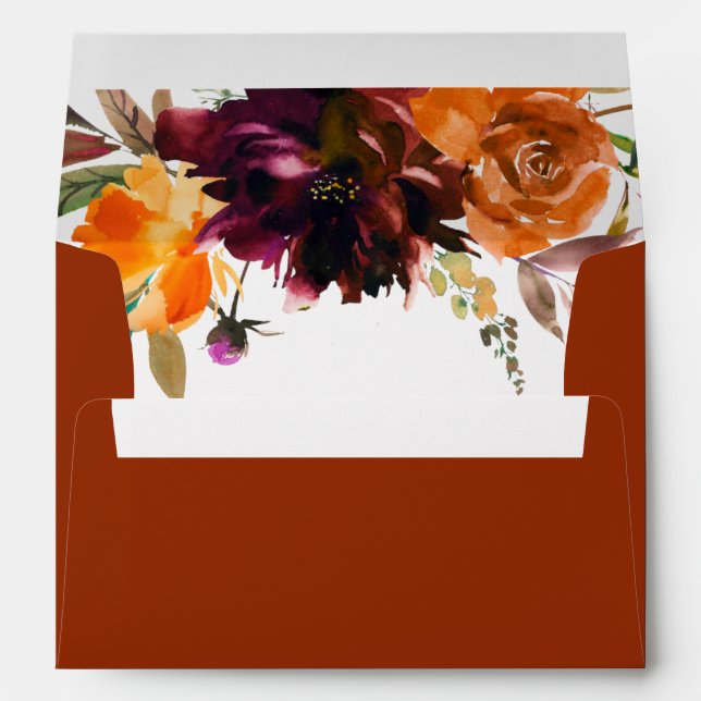 Burnt Orange Burgundy Fall Floral Rustic Wedding Envelope (Back (Bottom))