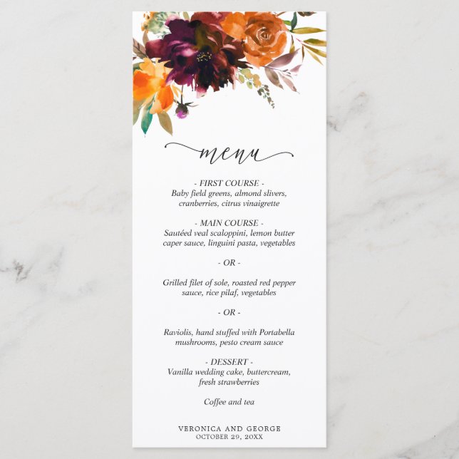 Burnt Orange Burgundy Fall Floral Rustic Wedding Menu (Front)