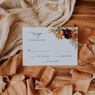 Burnt Orange Burgundy Fall Floral Rustic Wedding RSVP Card