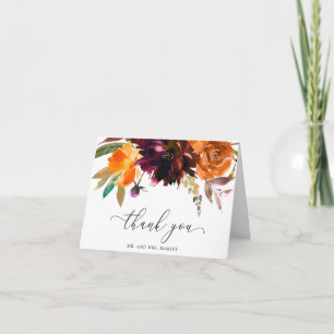 Burnt Orange Burgundy Fall Floral Rustic Wedding Thank You Card